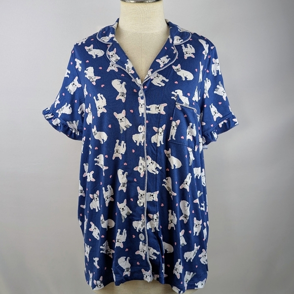 René Rofé French Bulldog Print PJ Set Short Sleeve Top Shorts Navy White L NWT - Picture 8 of 12